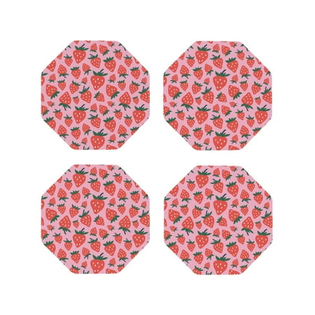 

Qekee Cartoon Strawberry Print PU Leather Absorbent Coasters Leather Coasters Set for Cups Drinks 4 Coasters 4 Pcs for Coffee Bar Home Decor-Octagon