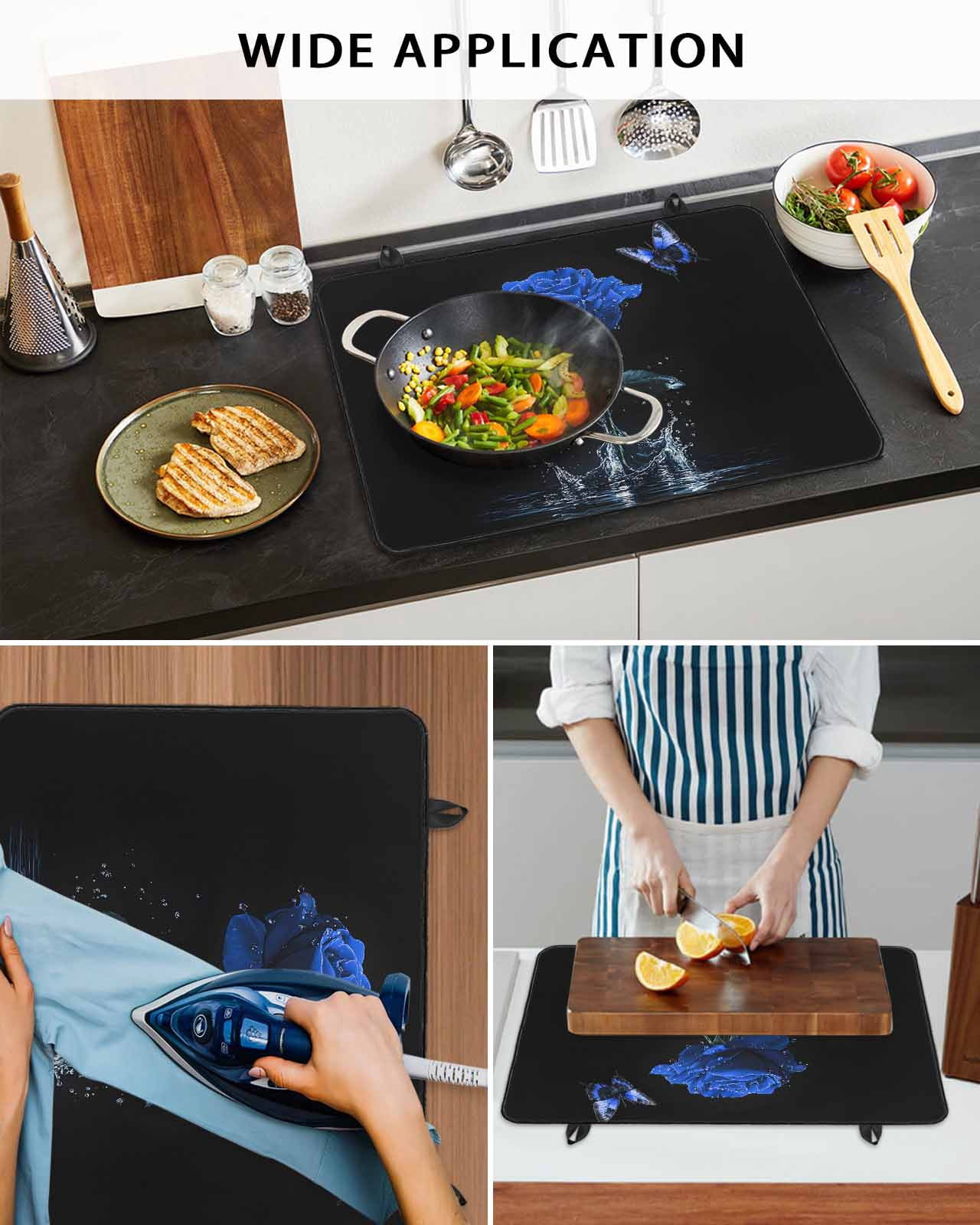 nqOlkjepod Large Induction Cooktop Protector Mat 36"x21", Blue Roses Stove Top Covers for Electric Stove, Modern Art Splash Flowers Butterfly Stove Burner Cover Mats, Glass Top Stove Cover