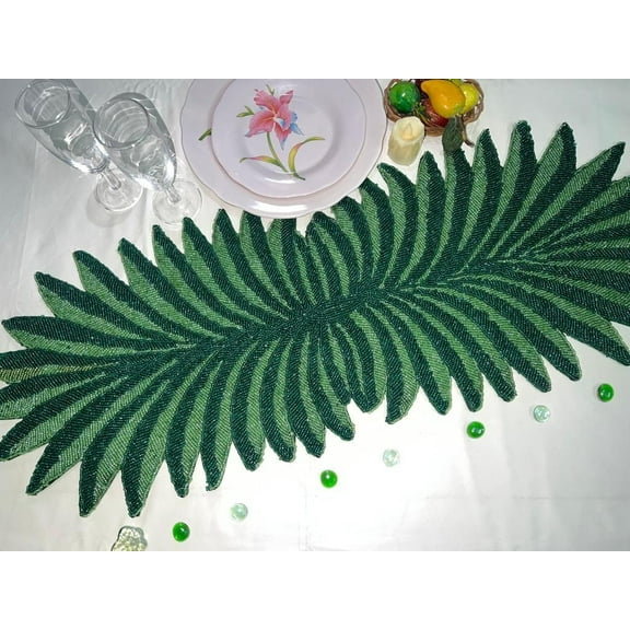 Green Leaves Table Runner, Beaded Table Runner, Handmade Table Runner, Summer Table Runner 13X36 Inches
