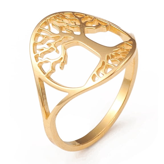 304 Stainless Steel Rings Wide Band Ring Hollow Ring with Tree of Life Ring for Women Golden US Size 6 1/2(16.9mm) 1.5~15.5mm