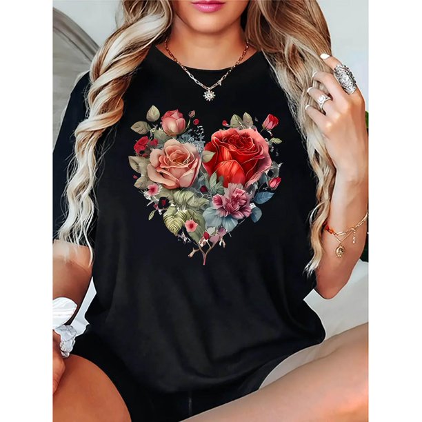 Creative Floral Heart Pattern Printed Women'S Trendy Round Neck Short Sleeve, Simple Casual Sports T-Shirt, Comfortable Summer Top for Holidays.
