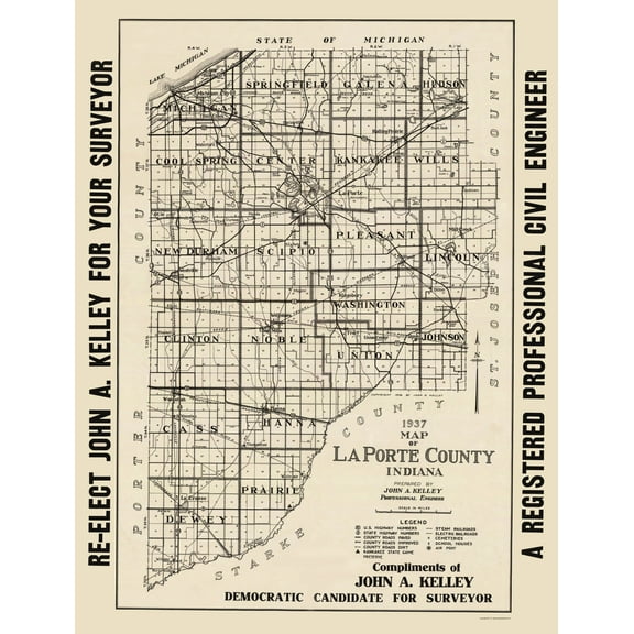 Historic County Map - La Porte County Indiana - Kelley 1937 - 23 x 30.16 - Vintage Wall Art