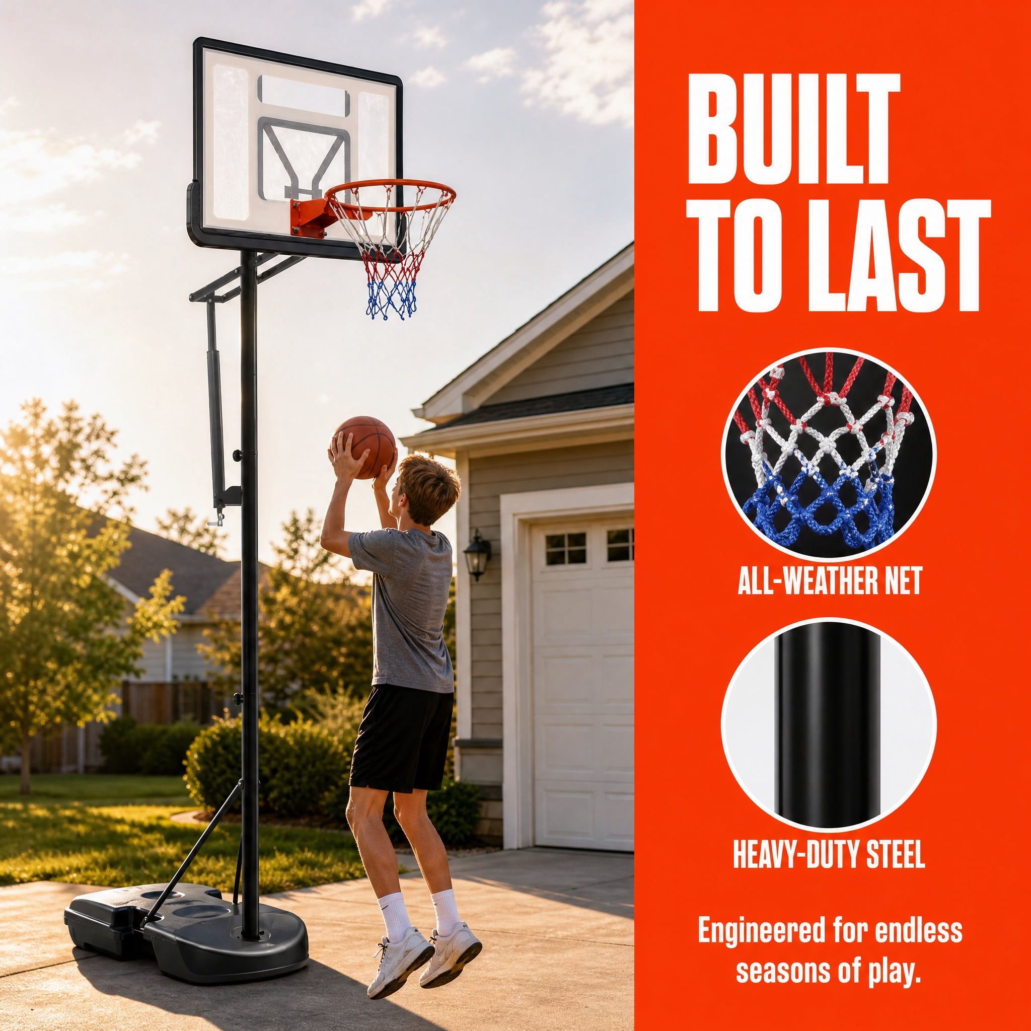 Portable Adjustable Basketball Hoop for Youth Adults & Kids 6.89–10.01 FT Height Basketball Goal 34 Inch Impact‑Resistant Backboard with Water/Sand Base & Wheels for Backyard Driveway