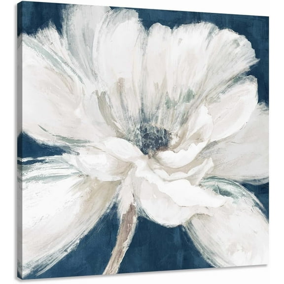 Bathroom Wall Art White Floral Pictures Abstract Flower painting on Canvas Prints Navy Blue Gray Vintage Bedroom Walls Decor 12x16inch