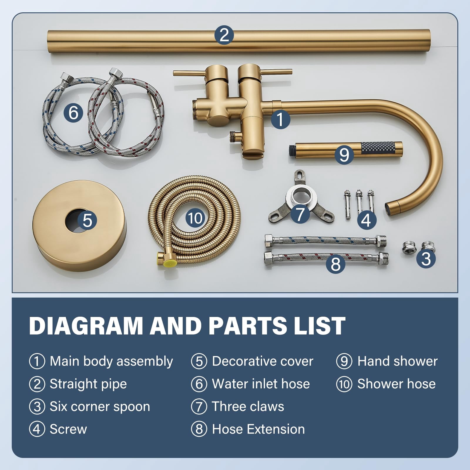 Freestanding Bathtub Faucet Brushed Gold High Arc Floor Mounted Solid Brass