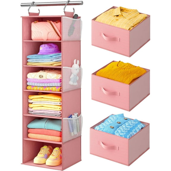 Hanging Closet Organizer 6-Shelf, Hanging Shelves for Closet with 3 Removable Drawers & Side Pockets, Hanging Shelf Organizer for Bedroom or Garment Rack, 12'' x 12'' x 43.3'', Pink