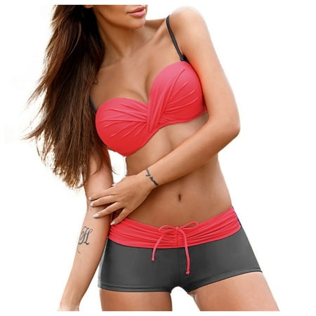 Womens Bikinis Two Piece V Neck Push Up Solid Top Boyshorts Bathing Suit Swimming Beach Swimwear Beach Swimsuit