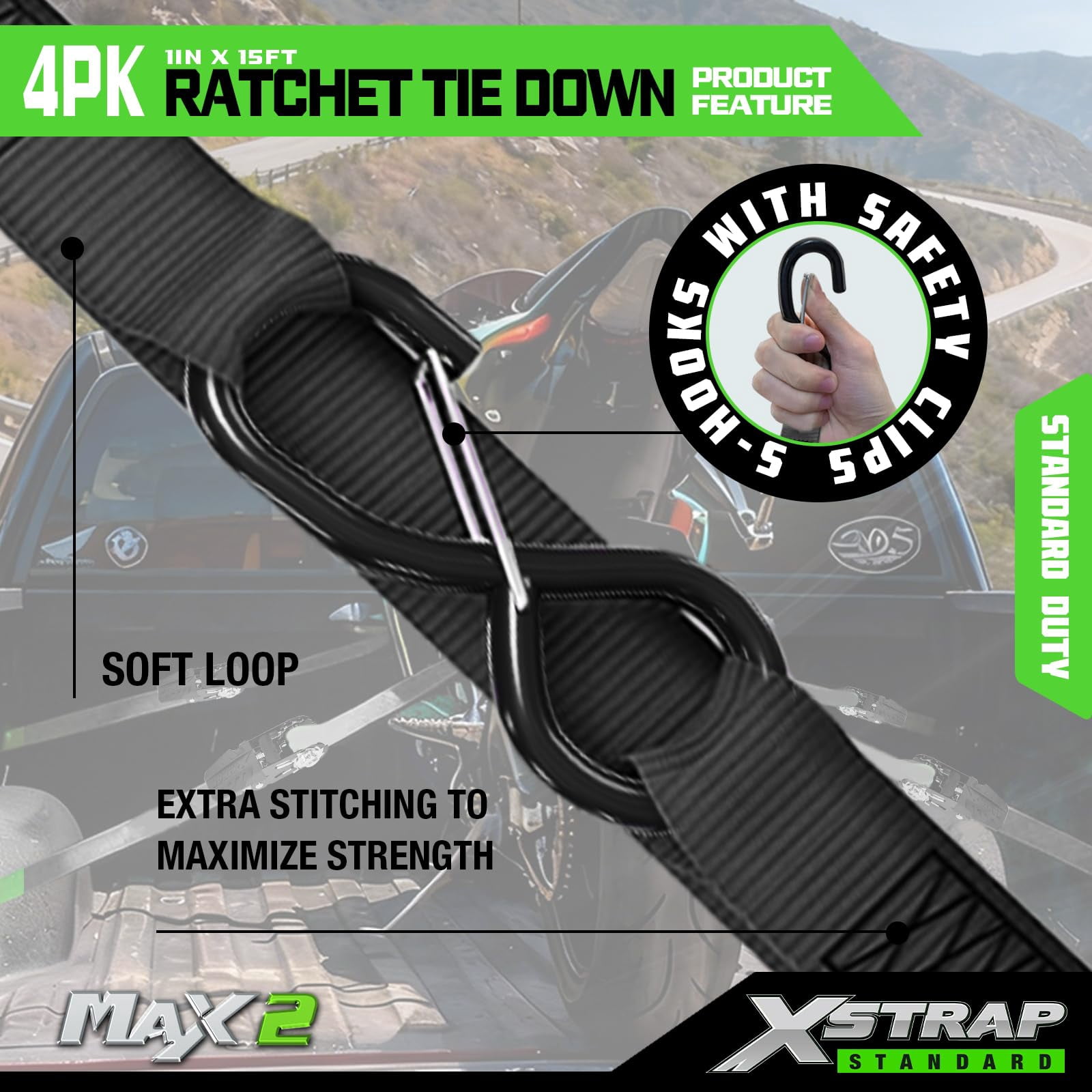 XSTRAP STANDARD Motorcycle Ratchet Tie Down Straps - 4 Pk 1'' x 15 Ft 1890 Lbs Break Strength-Cargo Straps with Integrated Soft Loops, Padded Handles & Coated Safety Clip for Motorcycle, Truck(Black)