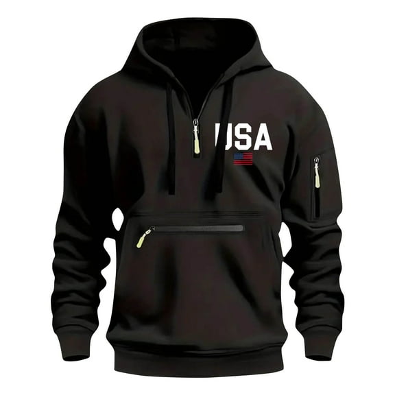Lovskoo Men's Multi-Pocket Cargo Fleece Hoodie Spring and Fall Printed Hooded Sweatshirt Half Zip Pullover Sweatshirt Black