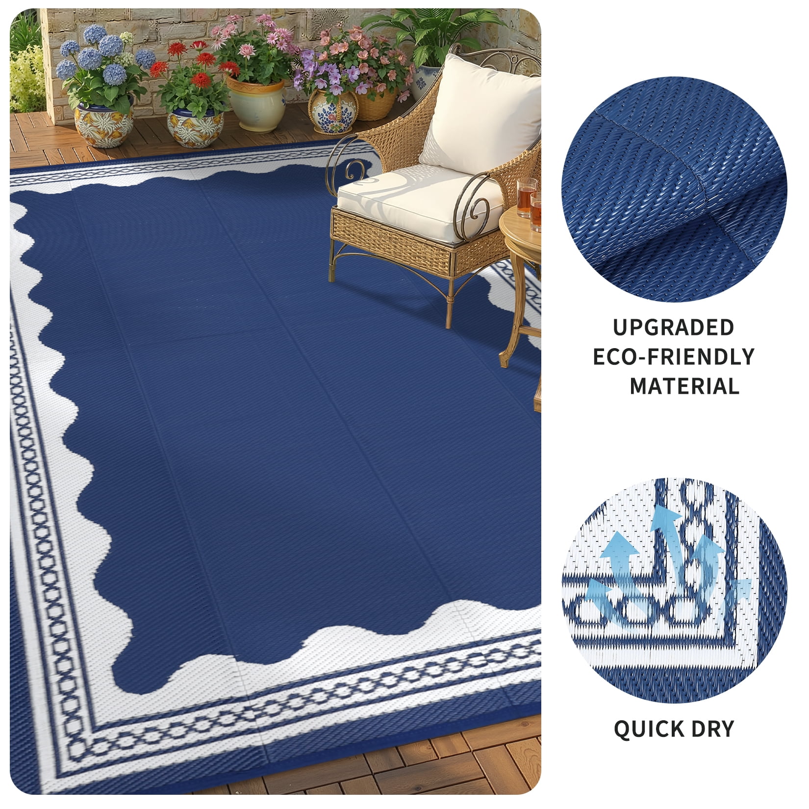 Garvee Outdoor Rug 10x14ft Modern Bordered Reversible Plastic Straw Rug, Waterproof RV Camping Rug Foldable Patio Rug for Deck Porch Balcony Backyard Picnic Beach, Dark Blue