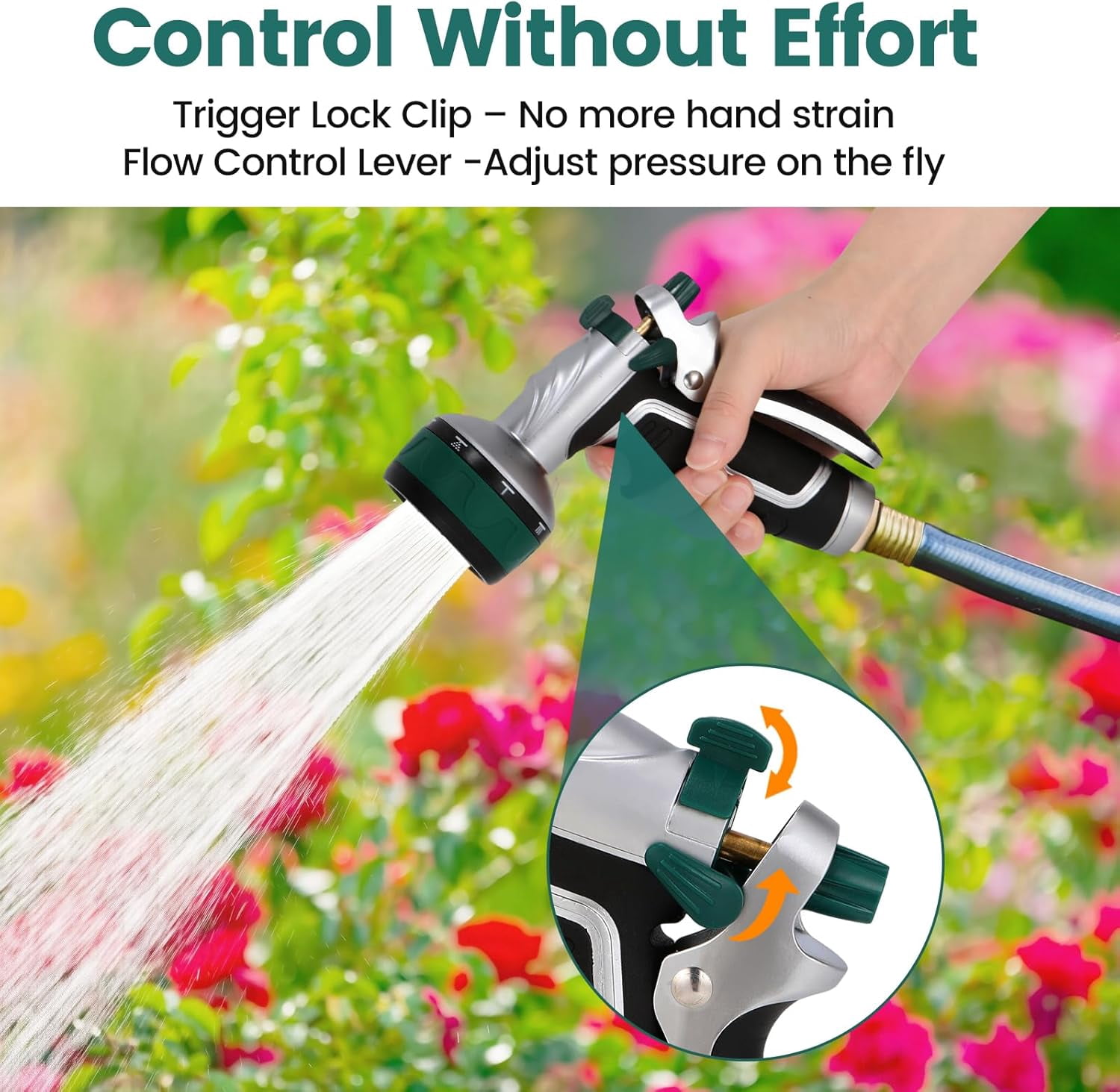 Garden Hose Nozzle, Heavy Duty Metal Water Sprayer Nozzle with 8 Spray Patterns, High Pressure Handheld Flow Control for Lawn & Plant Watering, Car Washing – Forest Green