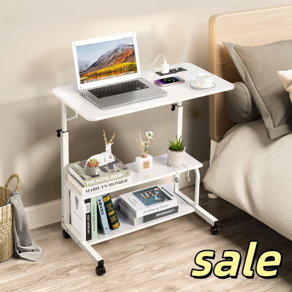 Hassch Portable Desk with Power Outlet, Height Adjustable Computer Laptop Table with USB Ports, Rolling Table with 2 Shelves for Home Office, White