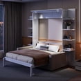 thumbnail image 3 of Queen Size Murphy Bed Frame, Wooden Queen Platform Bed with Sofa, Hidden Foldable Wall Bed with Cushion for Home Office, White, 3 of 9