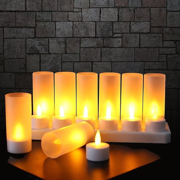 Velas sin llama - 12 velas de té parpadeantes LED recargables + 12 tazas heladas