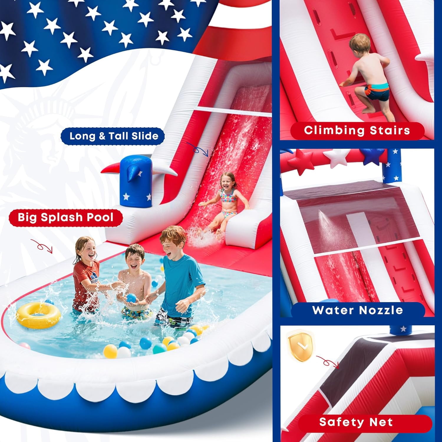 COCOFISH 21ft Outdoor Inflatable Water Slide with Blower, USA Flag Design with Splash Pool for Kids & Adults, Heavy-Duty PVC