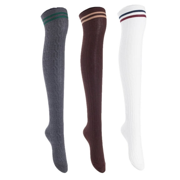 Lian Lifestyle Exquisite Big Girls Women 3 Pairs Thigh High Cotton Socks. Super Comfortable in Unique Colors Size 2.5-7 LBG1023DG,Coffee,White