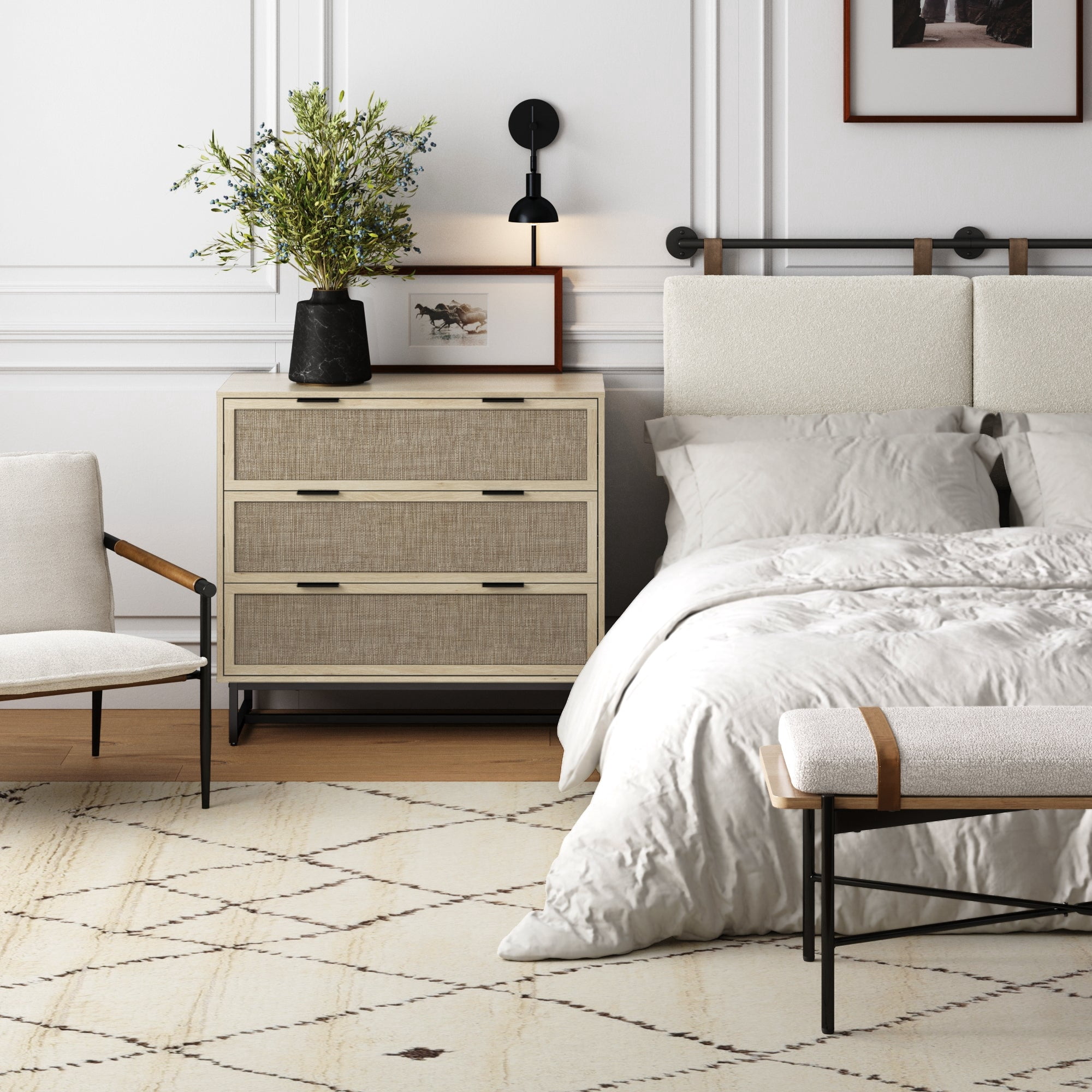 Nathan James Kova 3-Drawer Rattan Dresser or Boheminan Living Room Storage Cabinet with Textiline Rattan Accent and Metal Legs, Light Oak/Black