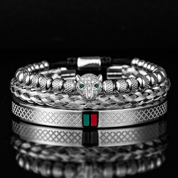 Pulsera trenzada hecha a mano de lujo para hombres, pulsera de acero inoxidable con cabeza de leopardo, esmalte verde y rojo, joyería de pavé CZ, envío directo