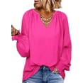 thumbnail image 5 of Women's Shirts  2023 Gathered Long Sleeve V Neck Casual Chiffon Shirt Tops, 5 of 8