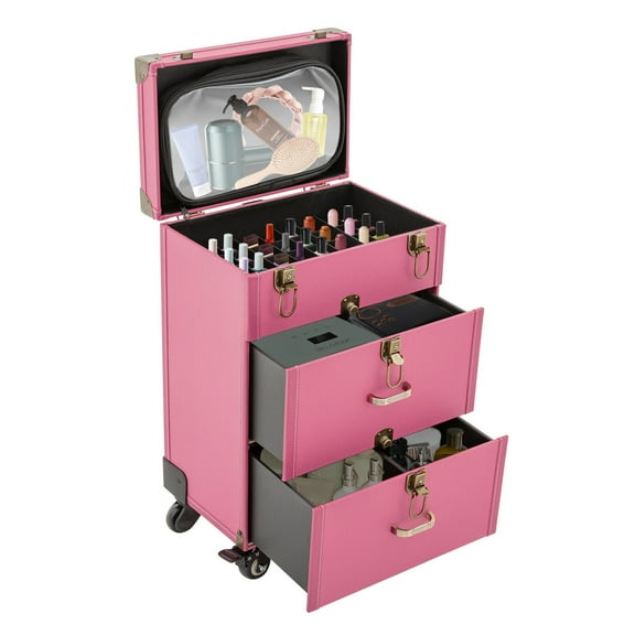 Rolling Makeup Train Case Cosmetology Case with 4 Wheels Makeup Trolley Portable