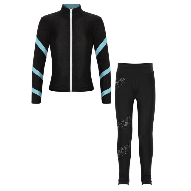 Yeahdor Kids Girls 2 Piece Figure Skating Training Suit Long Sleeve Zipper Jacket And Rhinestone Leggings Set Light Blue 14