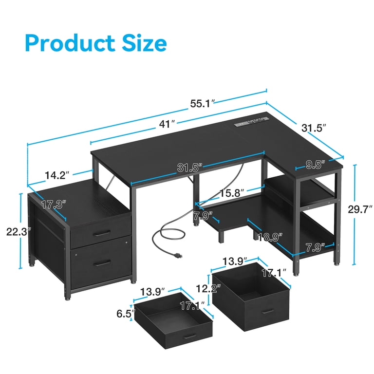Casacomoda 55" L-Shaped Corner Desk, Power Outlets & File Cabinet photo 7