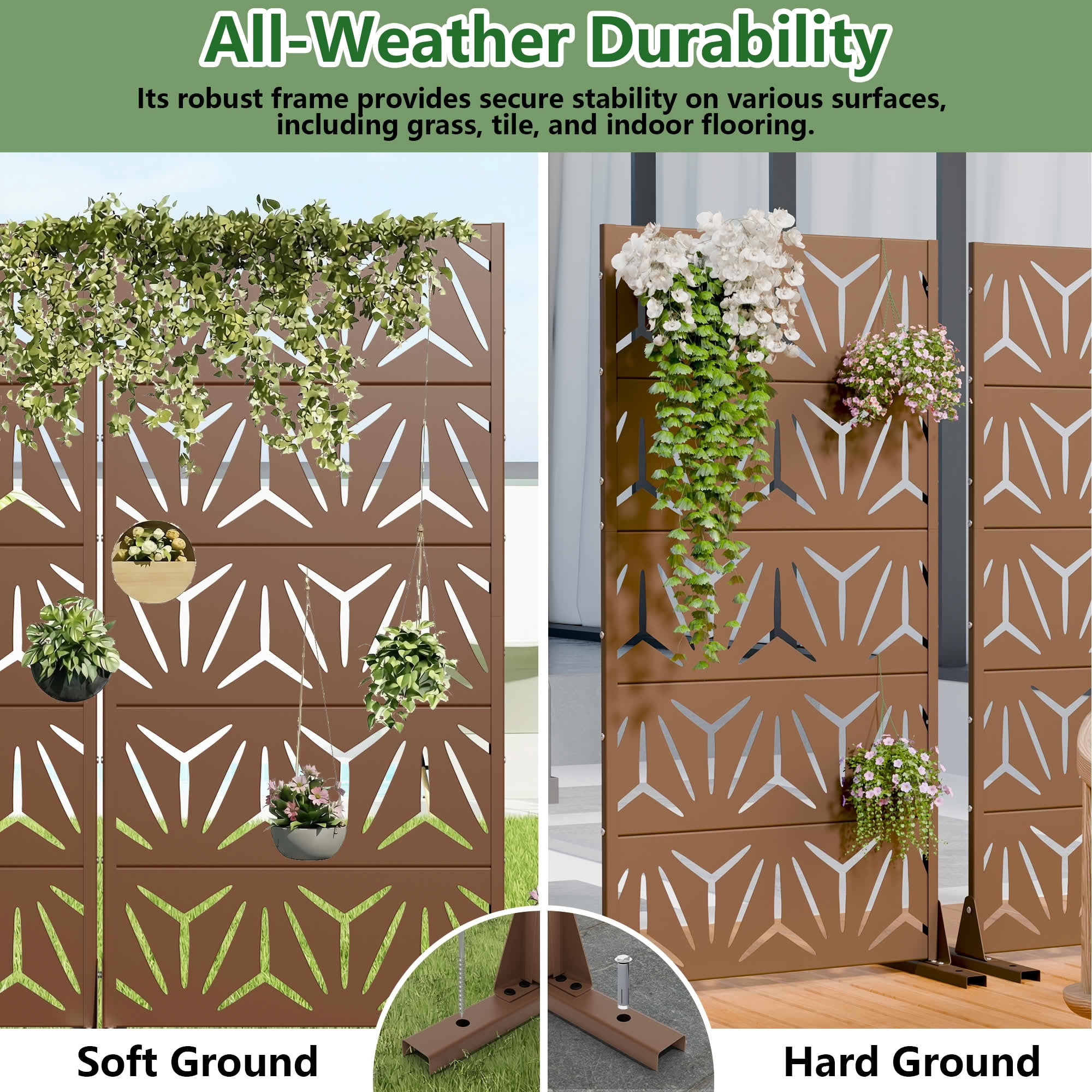 MAYEERTY 2-Piece Outdoor Metal Privacy Screen 5ft Brown, 5-Panel Geometric Y-Pattern Decorative Screen for Garden
