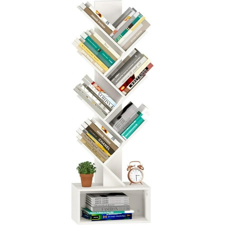 Tree Bookshelf, 6 Tier Small Book Shelf Retro Floor Standing Bookcase, Wood Book Storage Organizer Rack, Tall Narrow Bookshelves for Corner/Bedroom/Living Room/Home Office, White