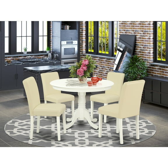 Modern 5 Piece Dining Set - Round Table & 4 Parsons Chairs - 42 Inch - Linen White