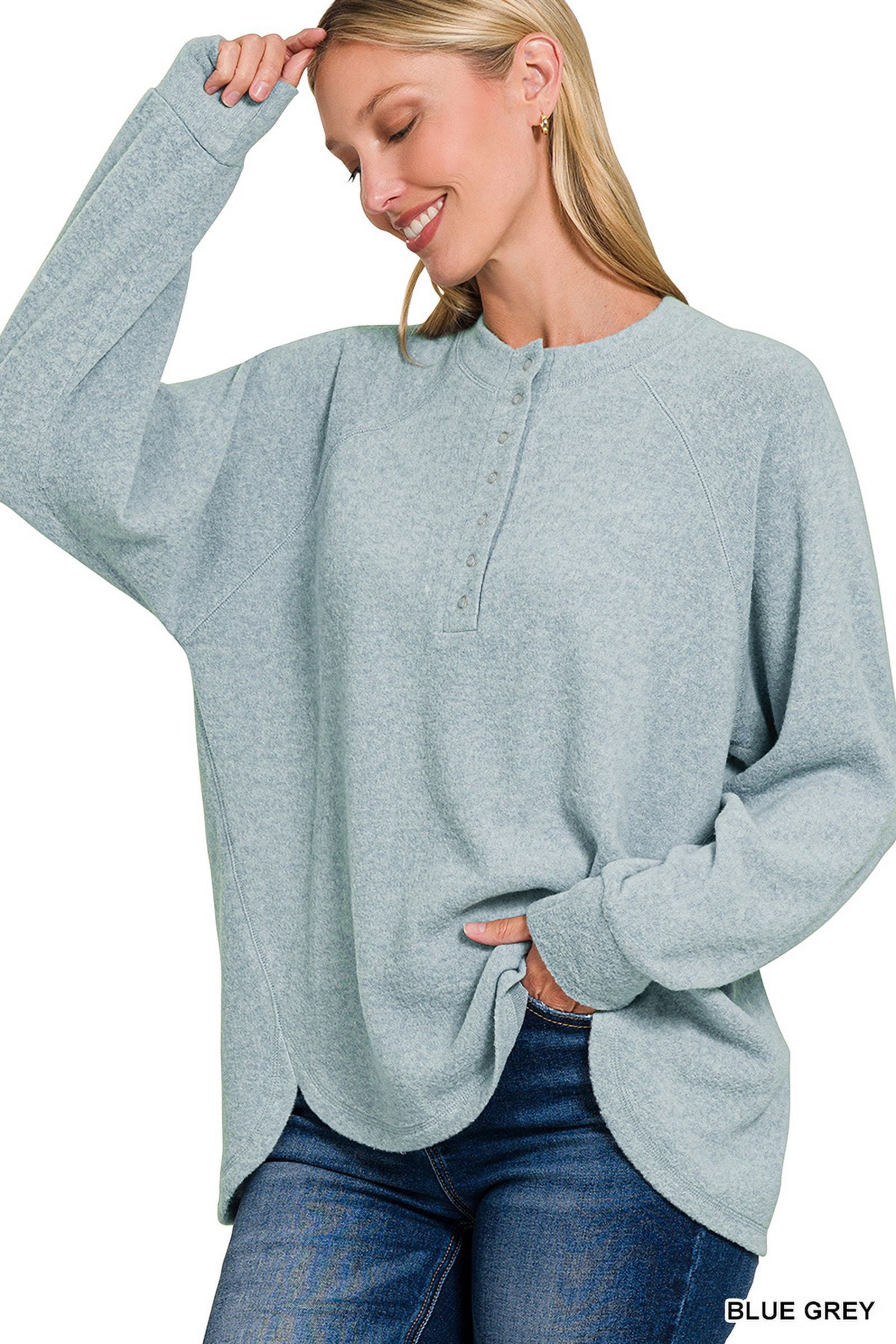 Zenana Women's Casual Brushed Melange Hacci Relaxed Fit 7-Button Henley Placket Light Sweater