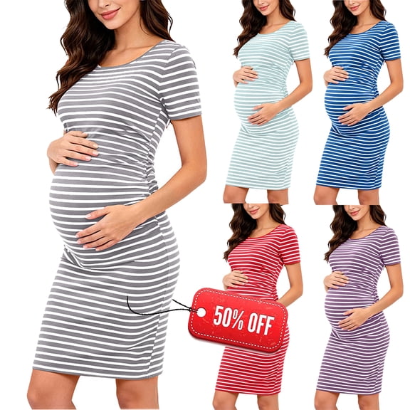 Taqqpue Womens Summer Maternity Dress Short Sleeve Round Neck Striped Print Pregnancy Midi Dress Casual Mama Maternity Clothes Bodycon Dress for Daily Wearing or Baby Shower