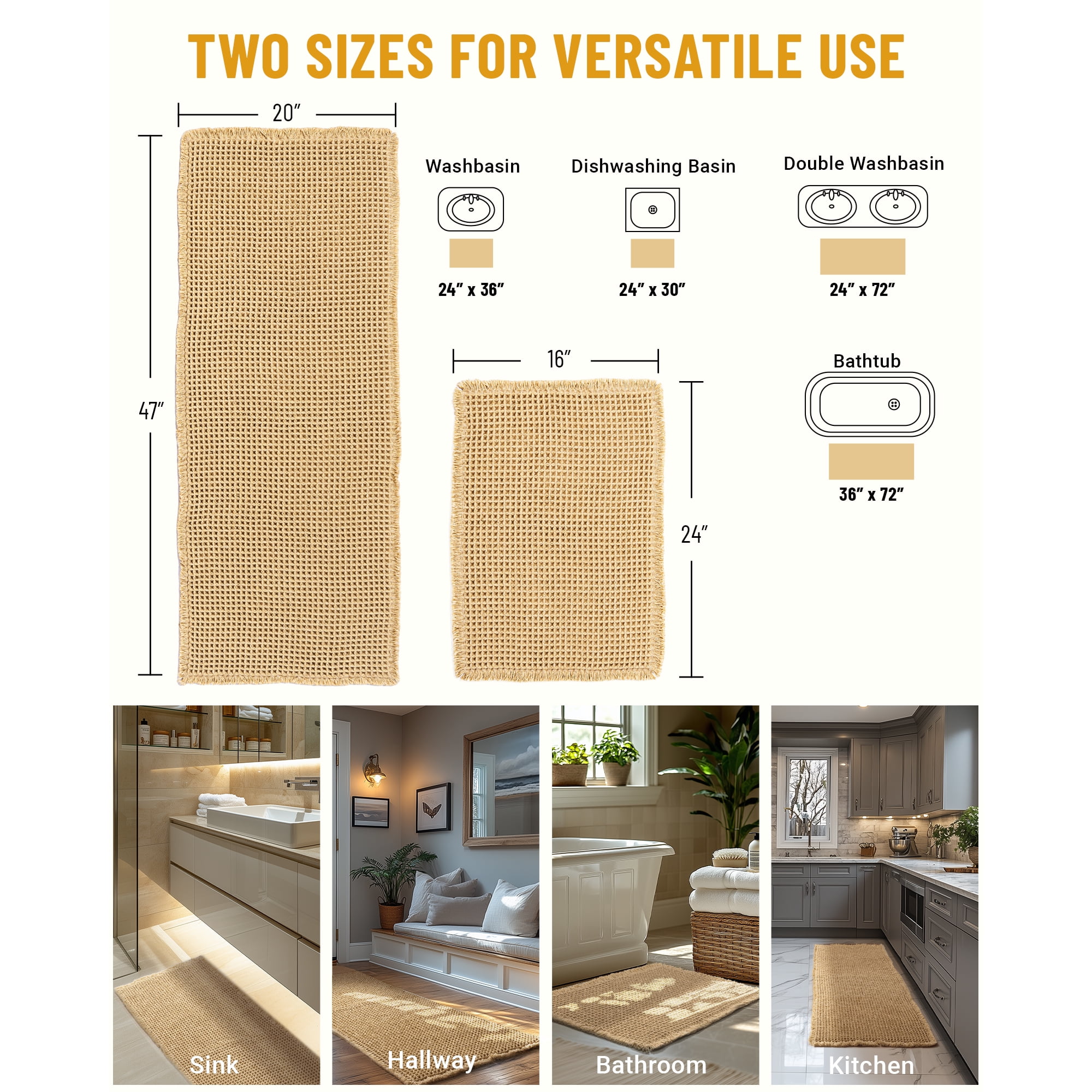 Furicher Waffle Bath Mat Set with Non-Slip Backing, 2 Count(20"×47" and 16"×24")