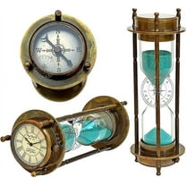 Hanzla Collection Marine Antique Brass Compass Hourglass Nautical Maritime Sand Timer & Desk Clock Vintage Hour Glass Metal Sand Watch Sand Clock Decorative Sandglass for Gift & Home Desk Office Decor