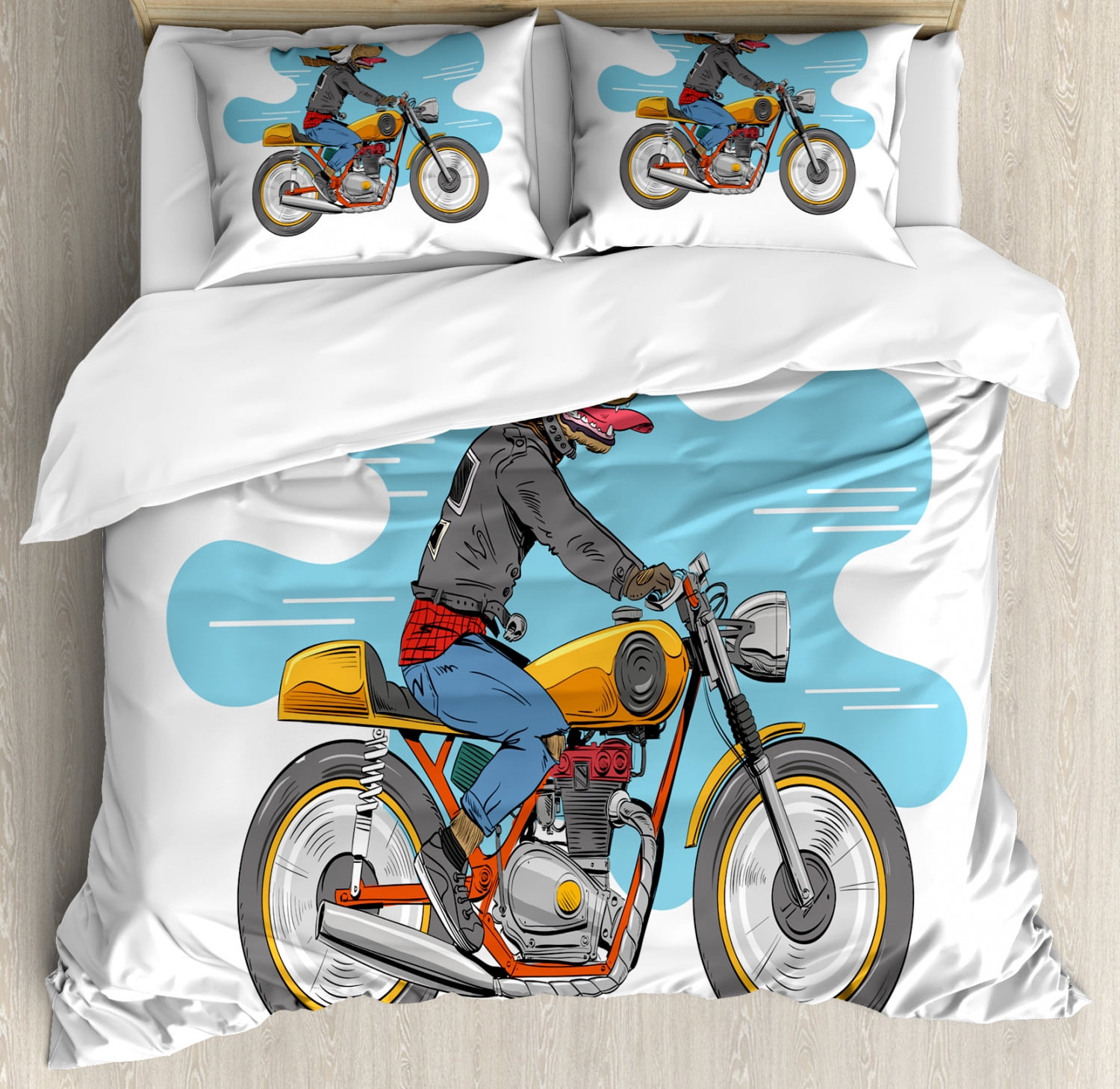 Motorcycle Duvet Cover Set Queen Size, Cartoon Style Funny Dog Riding
