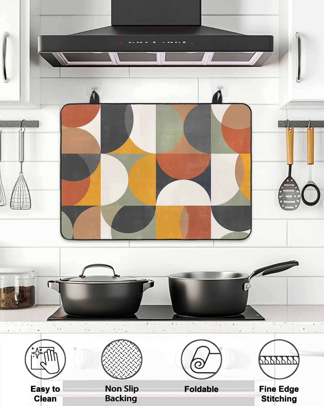 Mid-Century Modern Stove Top Covers for Electric Stove, 28'x20'' Abstract Geometric Semicircle Green Glass Ceramic Stove Cover Foldable Rubber Mat Heat Resistant Cooktop Protector for Kitchen