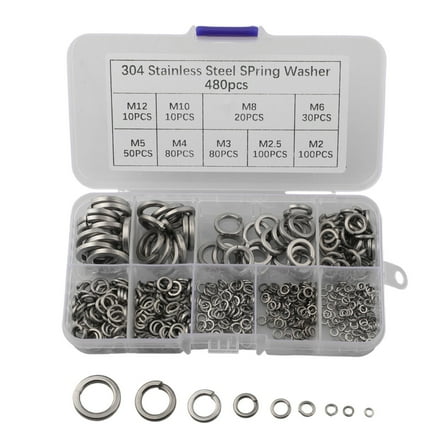 480 Piece Assorted Spring Washers in Stainless Steel for Nut and Bolt Use