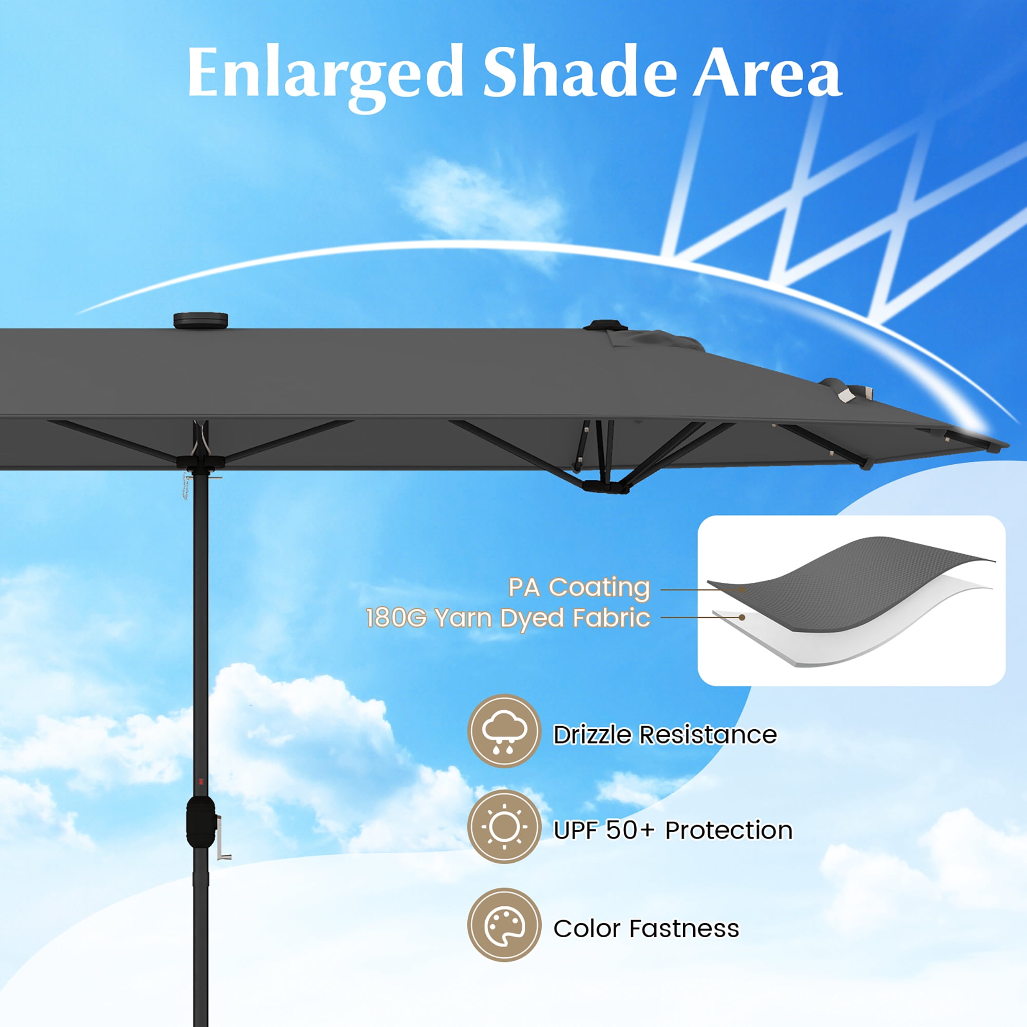 Gymax 13FT Double-sided Patio Umbrella w/ Solar Lights Crank Handle Umbrella Base Grey