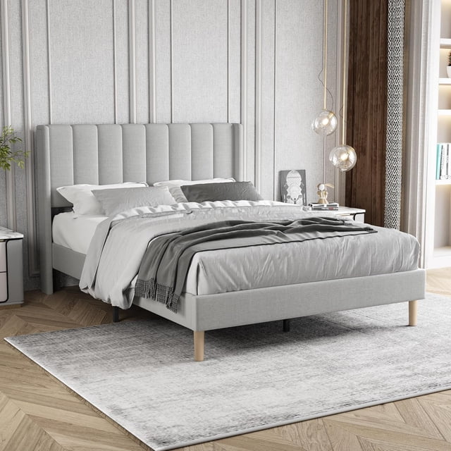 Upholstered Platform Bed Frame Twin Size with Headboard,Mattress Foundation Strong Wooden Slats Support No Box Spring Needed Easy Assembly Light Grey
