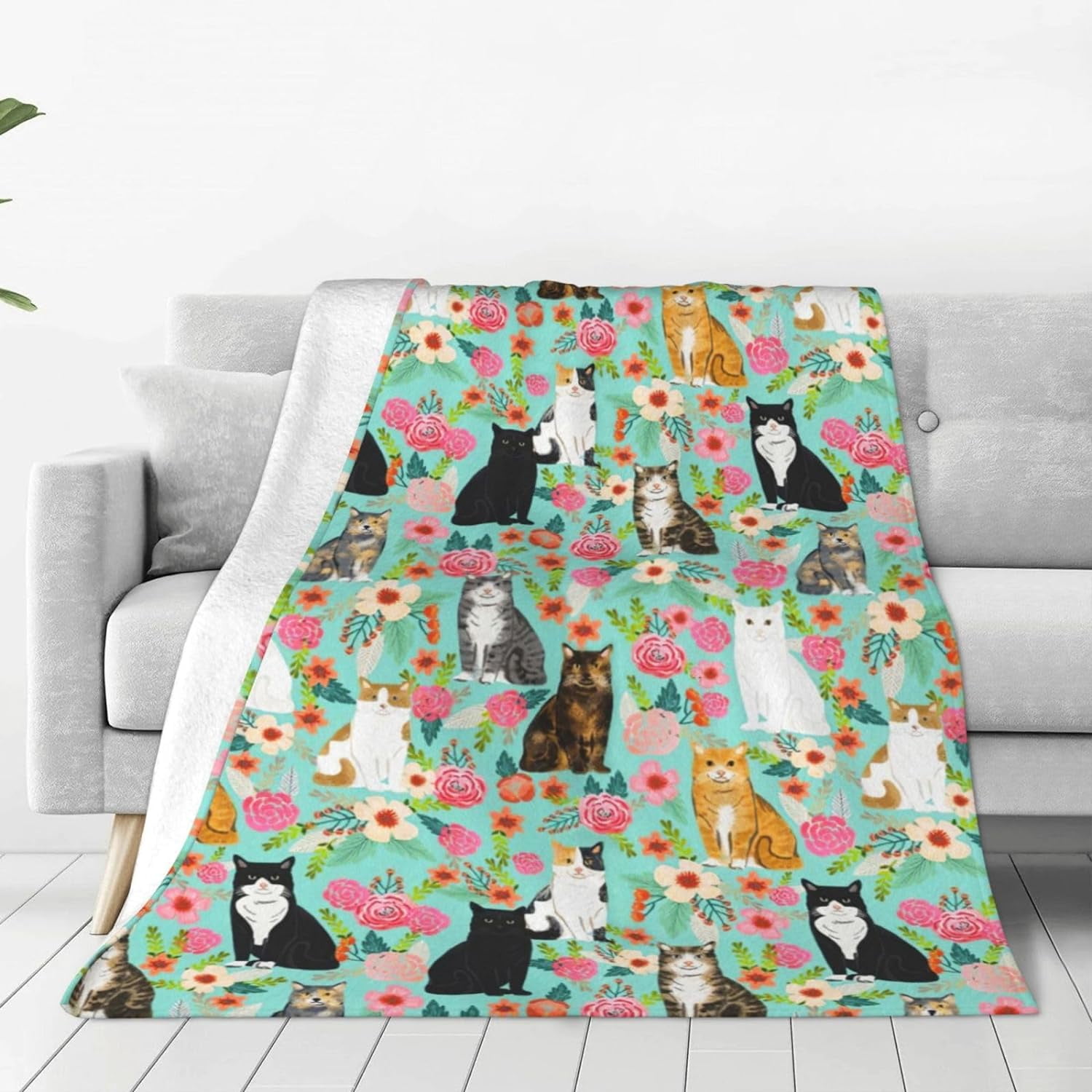 Cat Blanket Gifts for Girls Women Cute Cats Flowers Flannel Fleece Throw Blanket Soft Plush Lightweight Warm Fuzzy Teal Blanket for Cat Lovers Decor Bed Couch Living Room for Kids 50"X60"