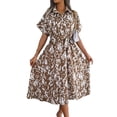 thumbnail image 3 of Women'S Summer Short Sleeve Work Dresses Tie Waist Button Down Print Midi A-Line Shirt Dress Khaki M, 3 of 10