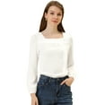 thumbnail image 1 of Blusa informal de manga larga con cuello cuadrado y pliegues en la parte delantera para mujer blanco XL, 1 of 5
