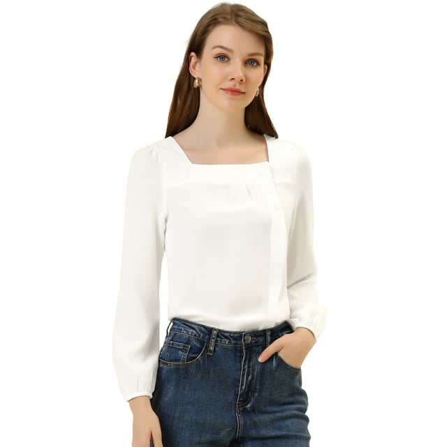 Blusa informal de manga larga con cuello cuadrado y pliegues en la parte delantera para mujer blanco XL