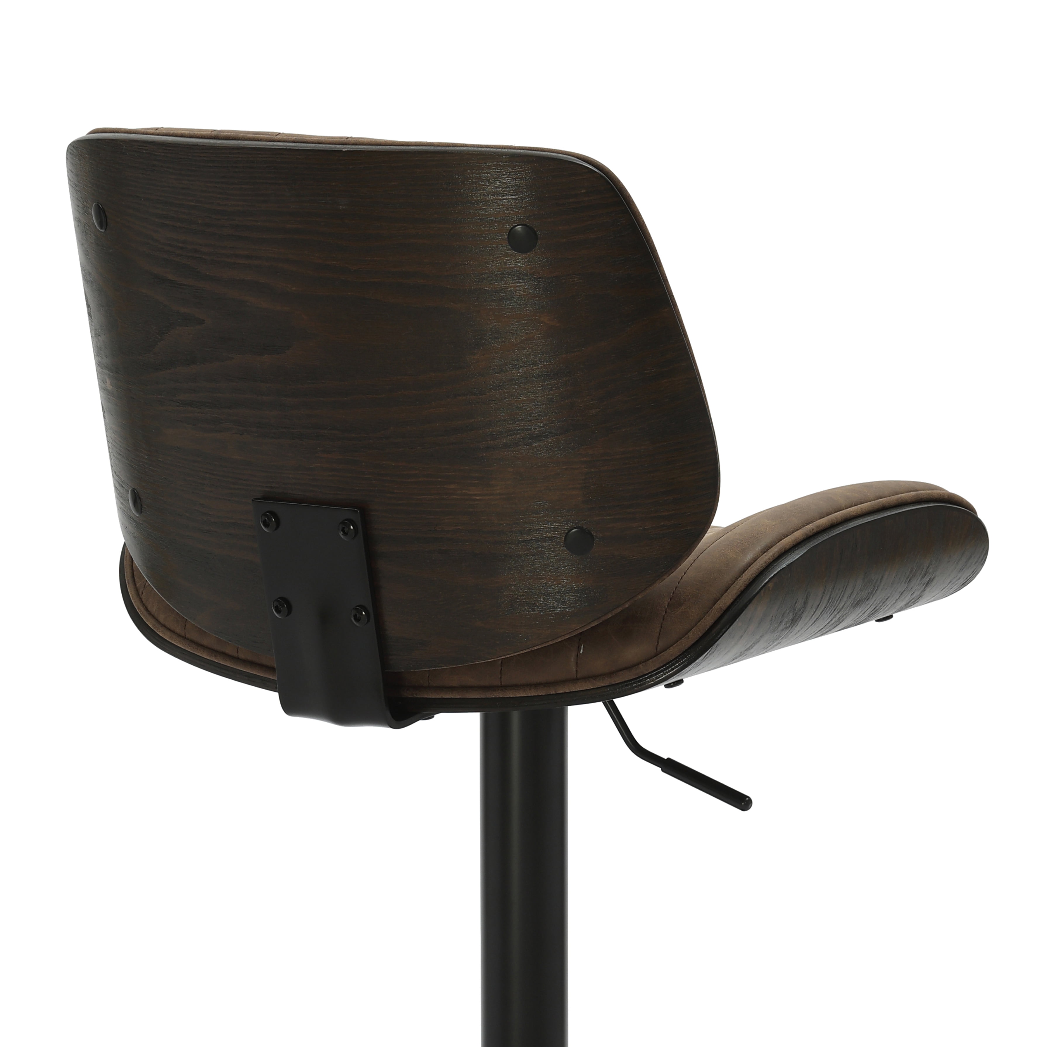 Brock Adjustable Swivel Vintage Dark Brown Curved Back Wood Bar Stool with Faux Leather Seat