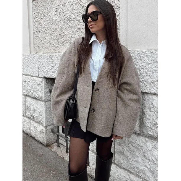 Chaqueta de manga larga con botones y cuello en V para mujer, Blazer corto con bolsillo de una sola botonadura, abrigo de moda, prendas de vestir elegantes para oficina, otoño
