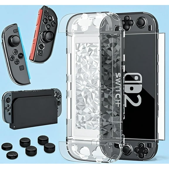 HEYSTOP Switch 2 Case for Nintendo Switch 2 Accessories(2025), Protective Case with Screen Protector, Switch 2 Transparent Cover with Protective Film and Grip Cover,AntiScratch and Shock Absorption