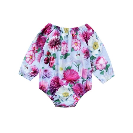 Flower Button Bodysuit - StylesILove Cute Infant Baby Girl Long Sleeve Printed Flower Casual Bodysuit Outfit (90/12-18 Months)