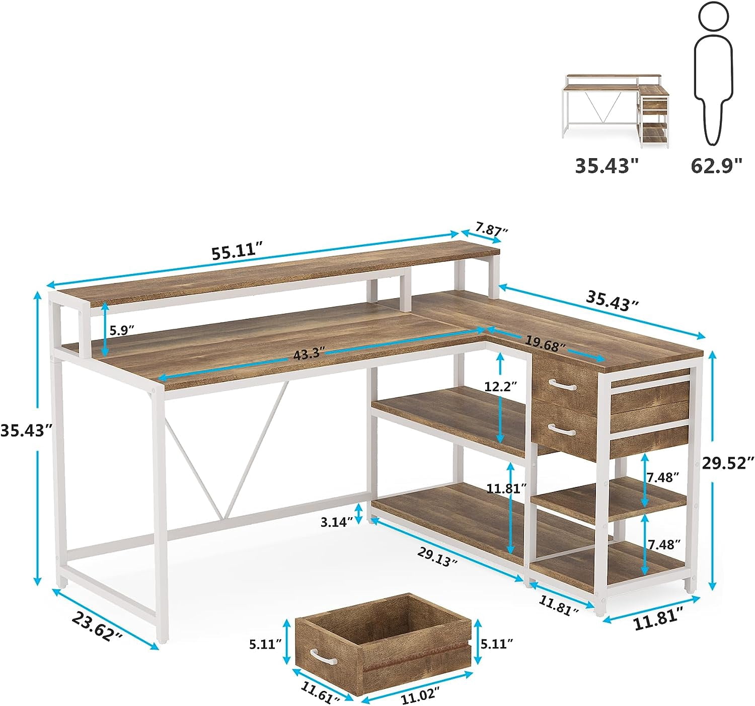 Tribesigns L Shaped Desk with Drawer, Corner Desk Home Office Table, Rustic Wooden and Metal PC Desk, Multicolor