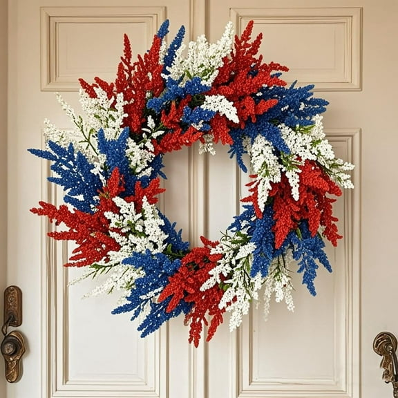 PALIFEUR 4th of July Wreath, 14.96 Inch Patriotic Wreaths for Front Door, Independence Day Artificial Floral Spring Wreaths Decorations, Red Blue White