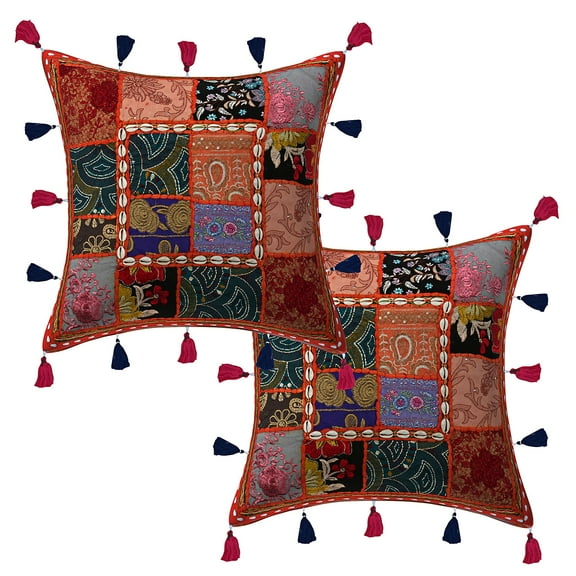 Stylo Culture Indian Sofa Throw Pillow Covers Patchwork 16 x 16 Embroidered Cowrie Orange Boho Hippy 40cm x 40cm Bed Room Cotton Sea Shell Tassels Square Cushion Covers | Set Of 2
