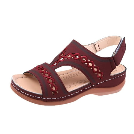 

Aayomet Women Sandals Comfort Quality PU Wedge High Heel Women Comfort Sandals Embroidered Large Women Sandals Red 9
